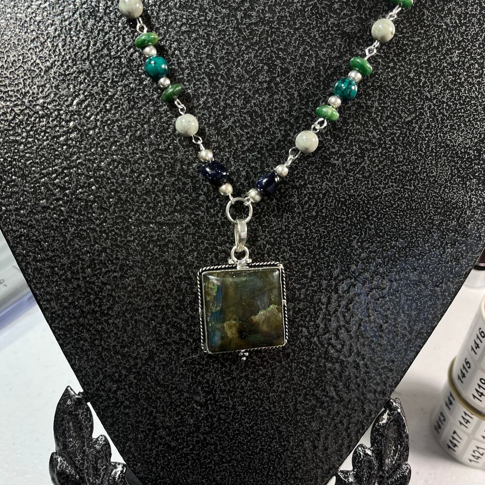 Handmade Laborite Cabochon Blue Gold Stone Jade Necklace & Earrings 20 inches